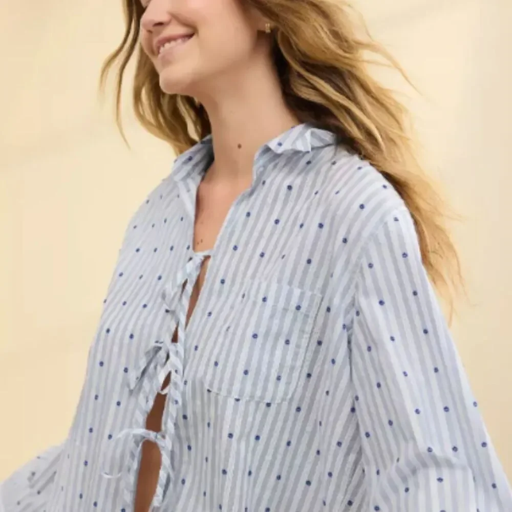 Aerie Off-Duty Poplin Tie Front Pajama Shirt Sz XL Blue Loungewear Streetwear
